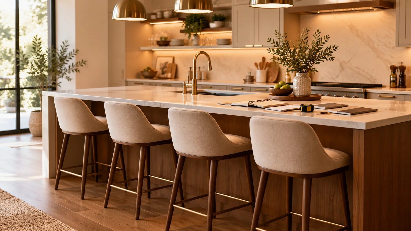 A beautiful kitchen island with perfectly matched bar stools representing StoolGuide's mission