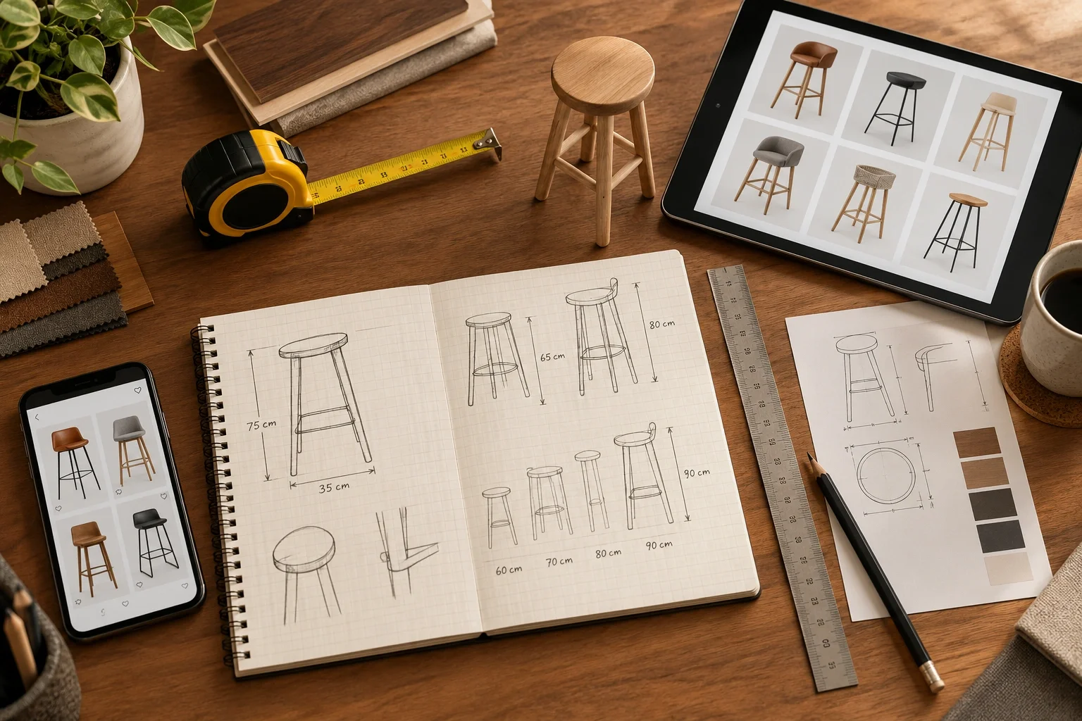 Research process showing bar stool comparison and measurement guides