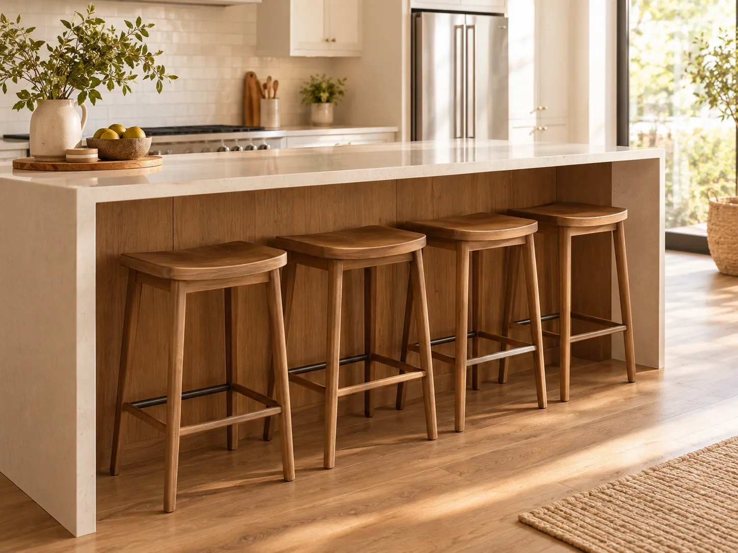 Backless bar stools lined up at a kitchen island