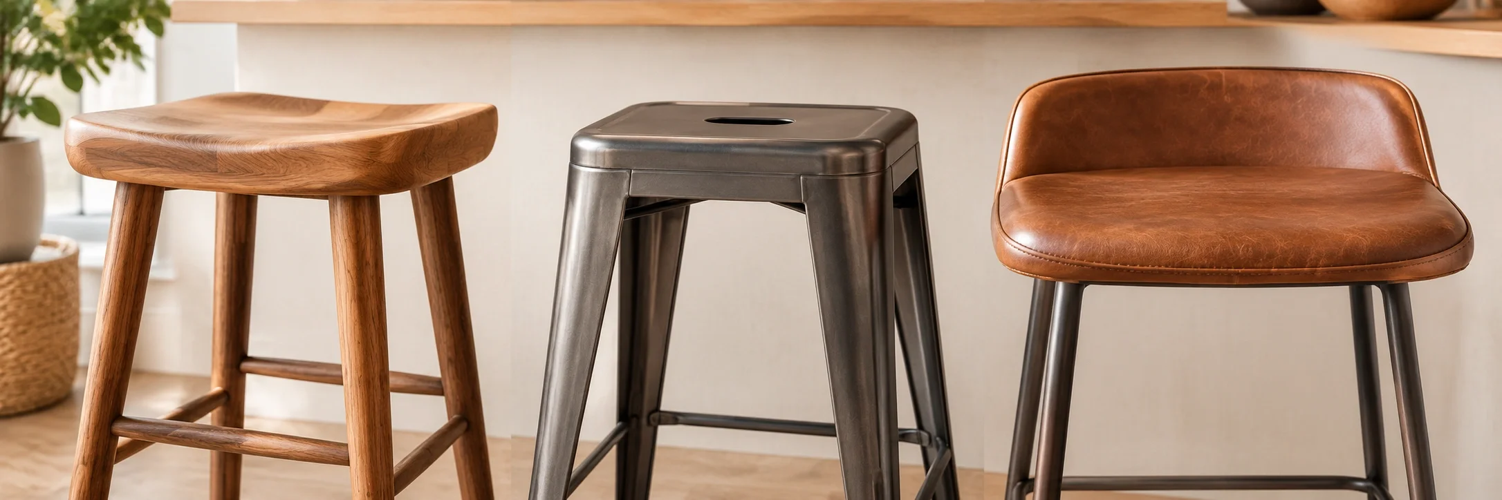 Close-up of wooden, metal, and leather bar stools showing material textures