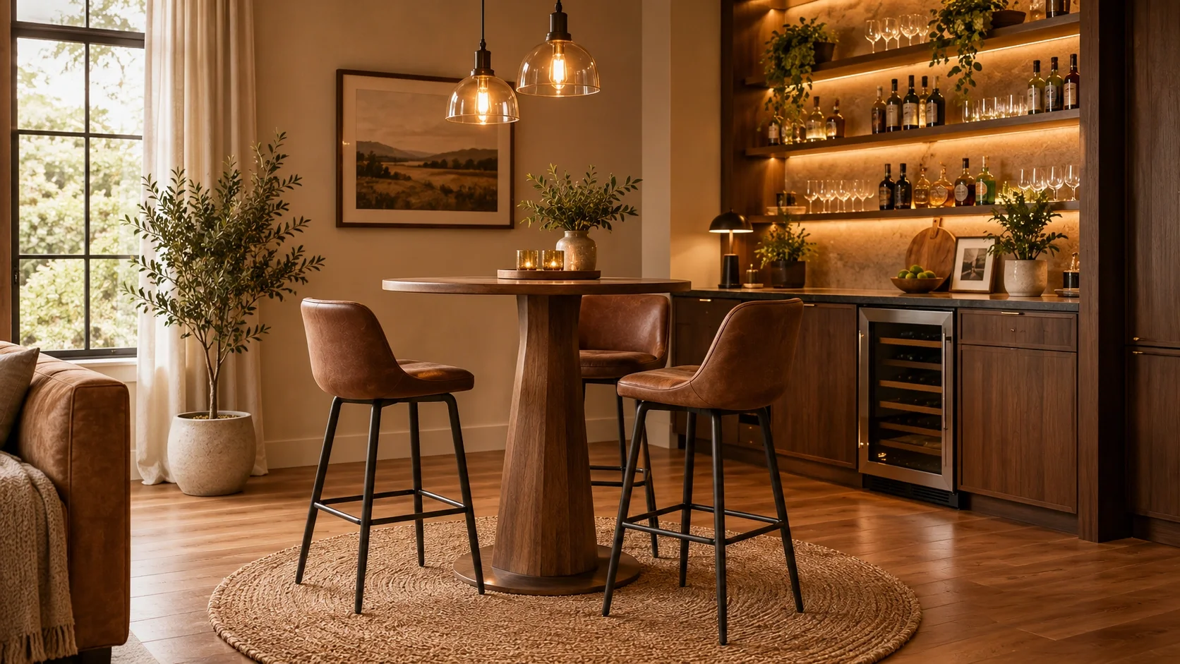 Bar stools paired with a pub table, pendant lighting, and a rug in a cozy bar corner