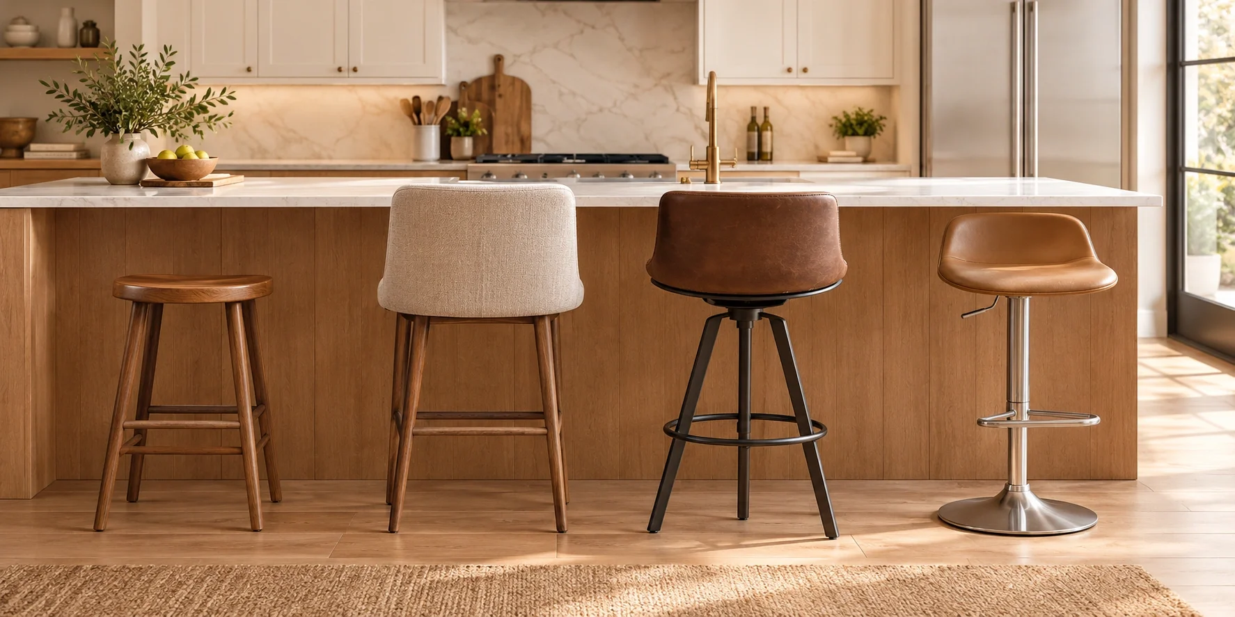Overview of different bar stool types: backless, full back, swivel, and gas lift stools in a modern kitchen