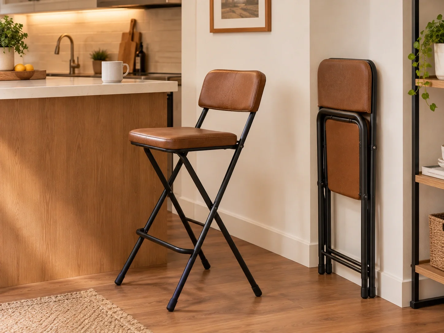 Folding bar stools stored against a wall for small apartment use