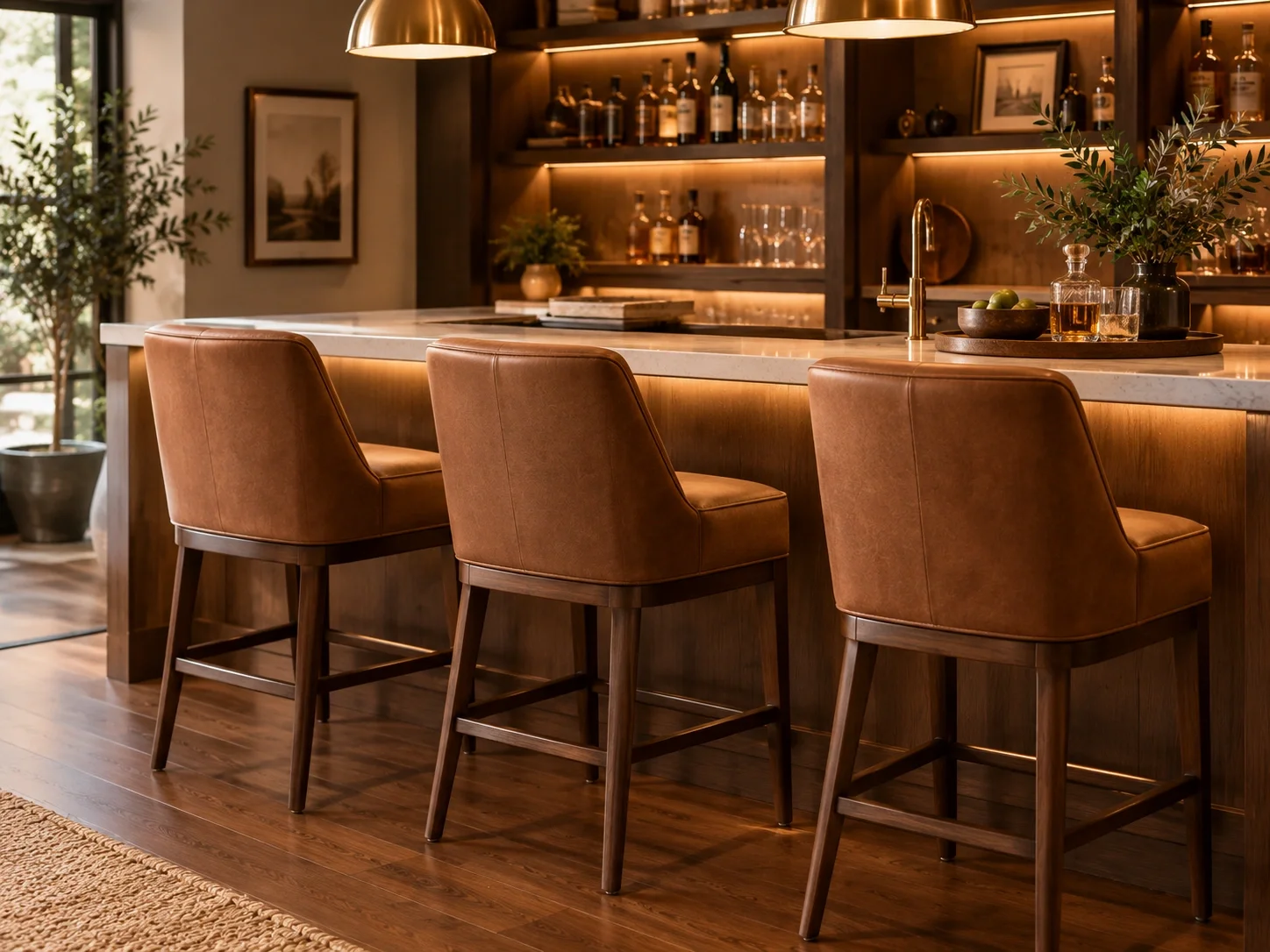 Full back bar stools with upholstered seats in a home bar
