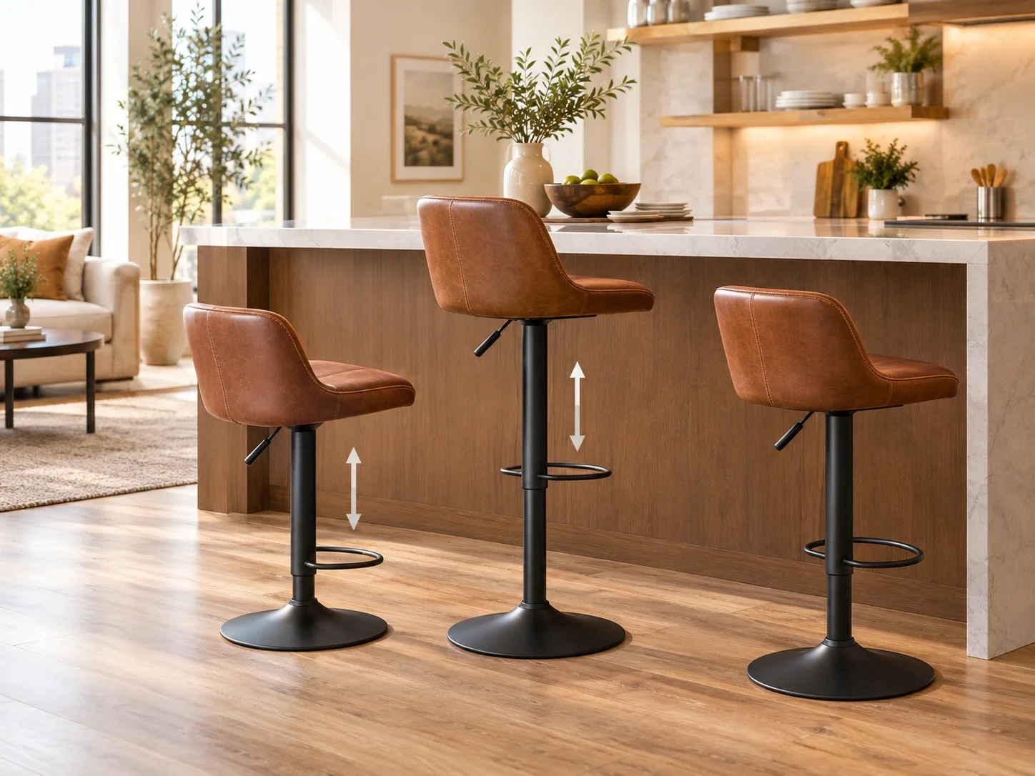 Gas lift height adjustable bar stools in a modern loft