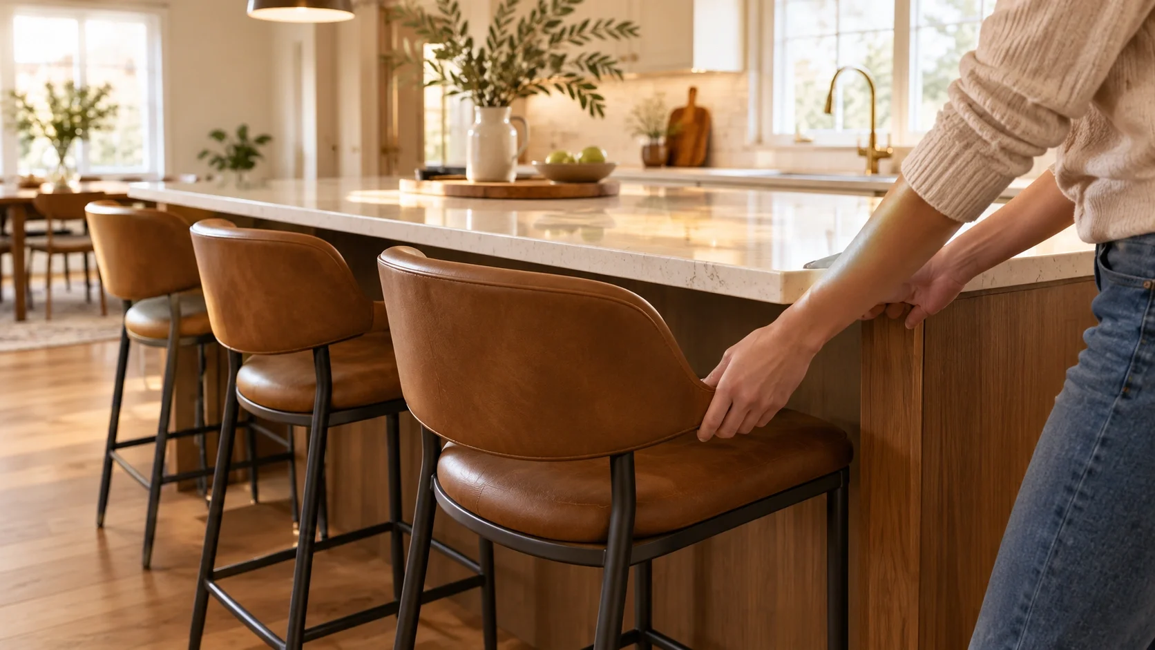 Happy homeowner with new bar stools in kitchen
