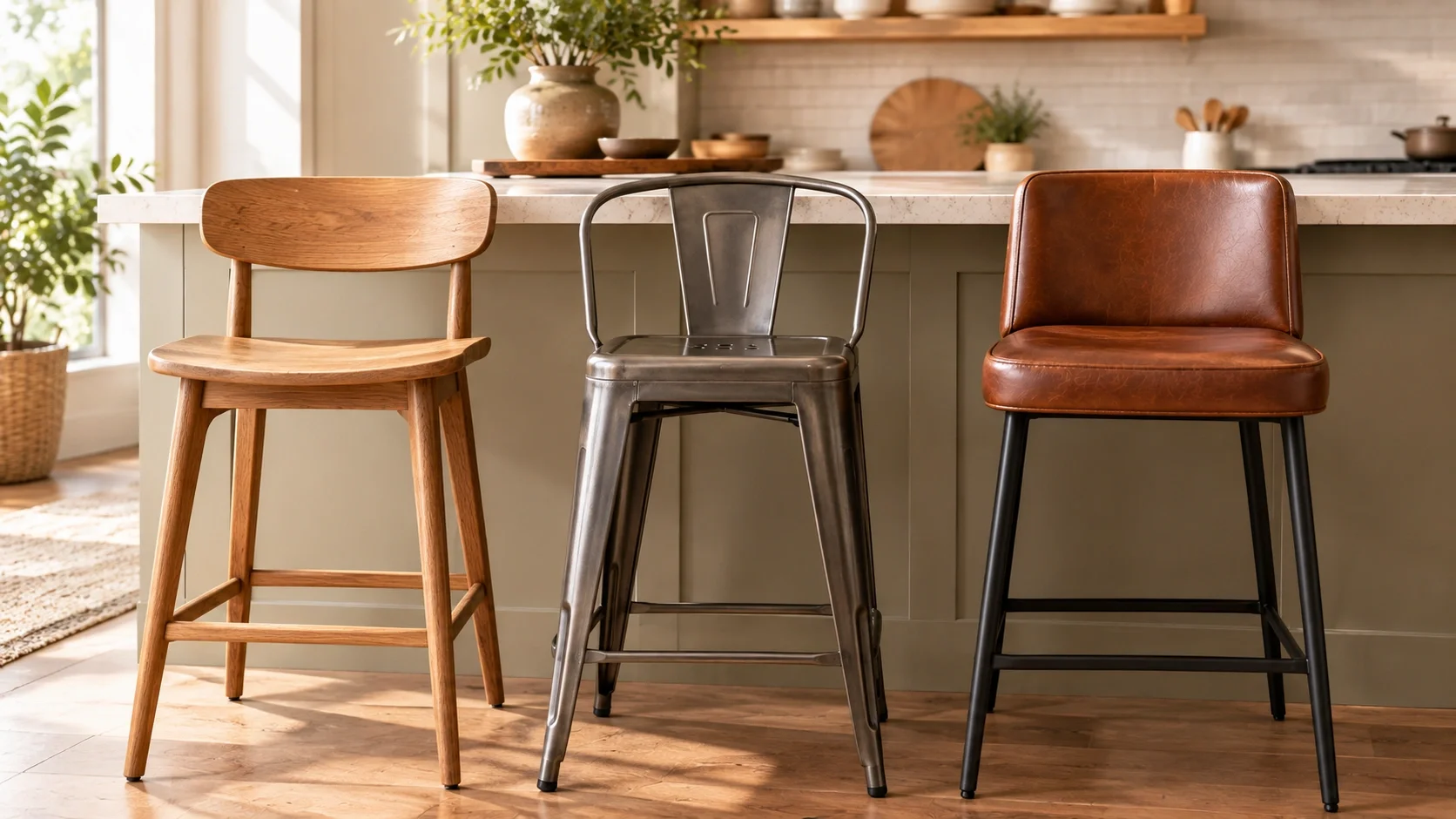 Bar stools made from wood, metal, and leather materials