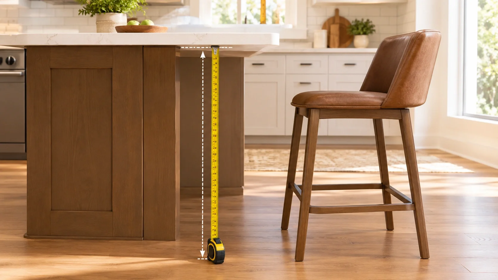 Person measuring counter height for bar stool selection