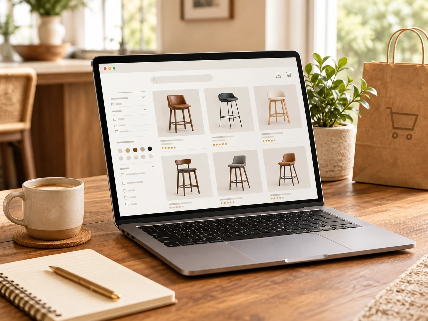 Online shopping for bar stools on a laptop