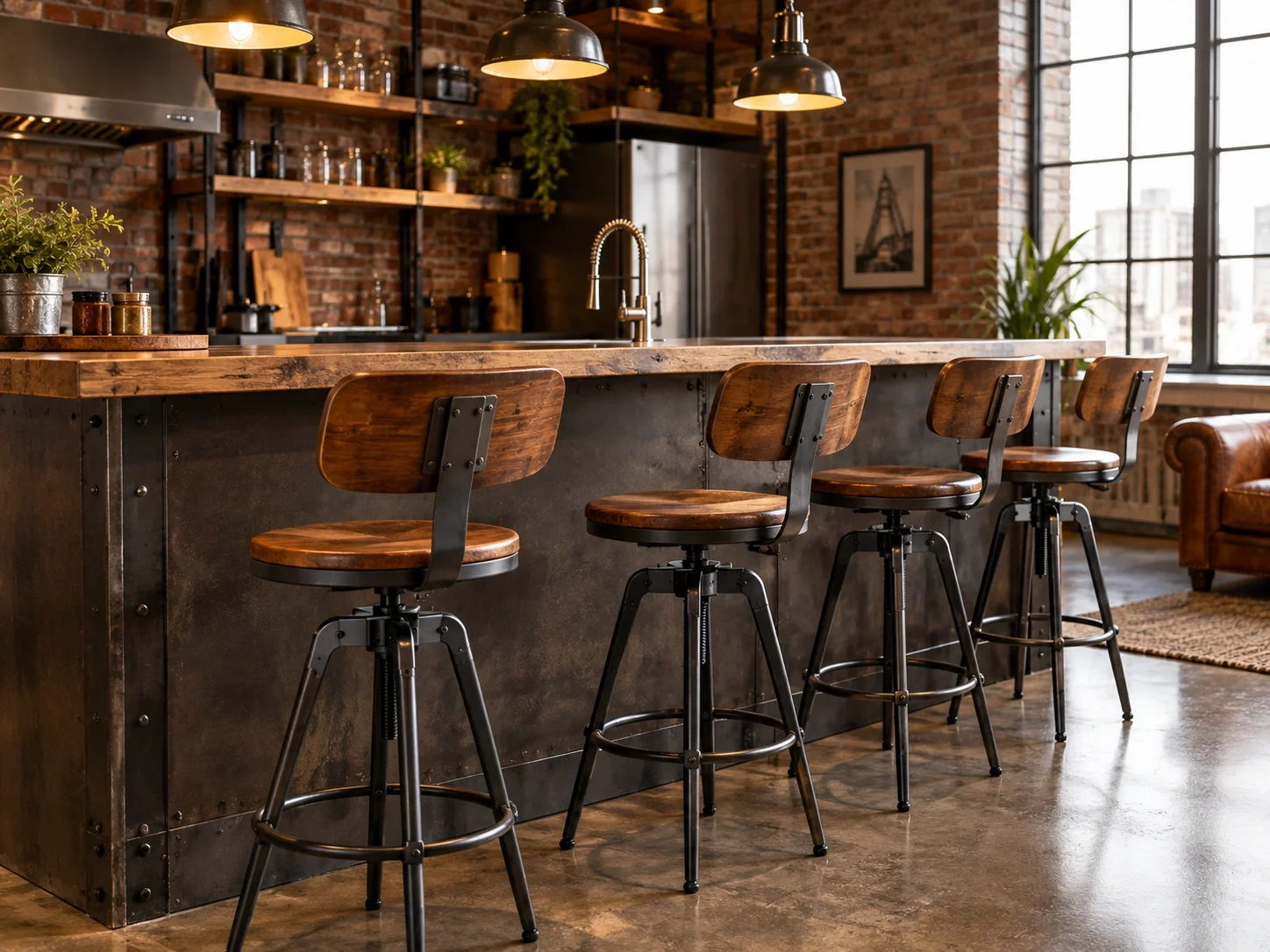 Industrial metal and wood bar stools in a loft-style kitchen