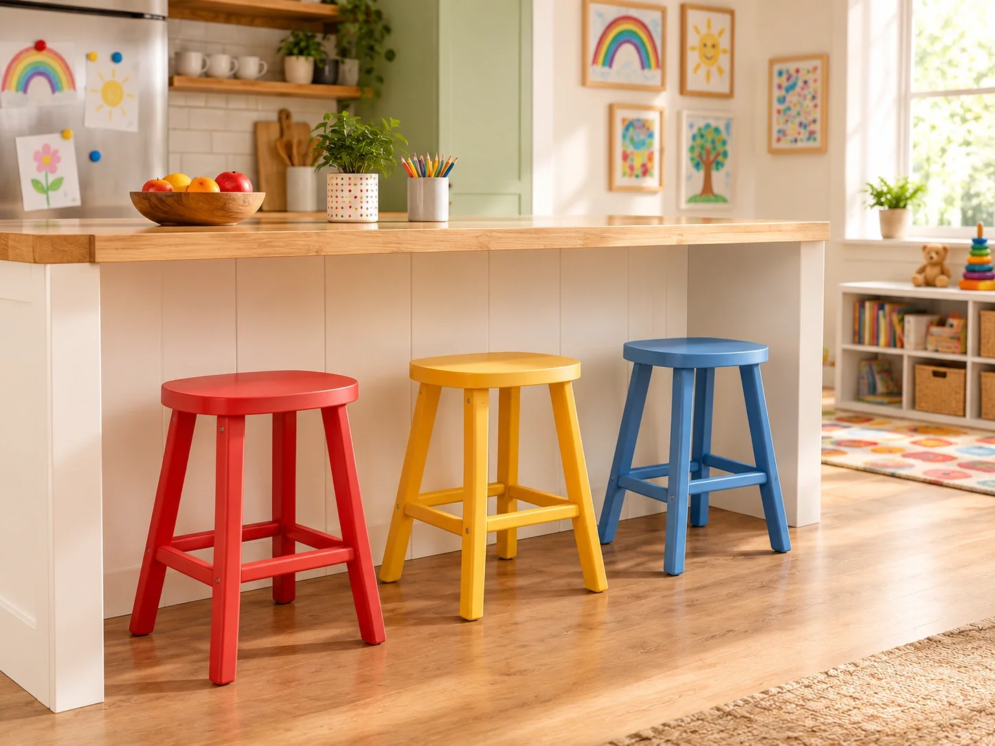 Colorful kids bar stools in a playroom kitchenette