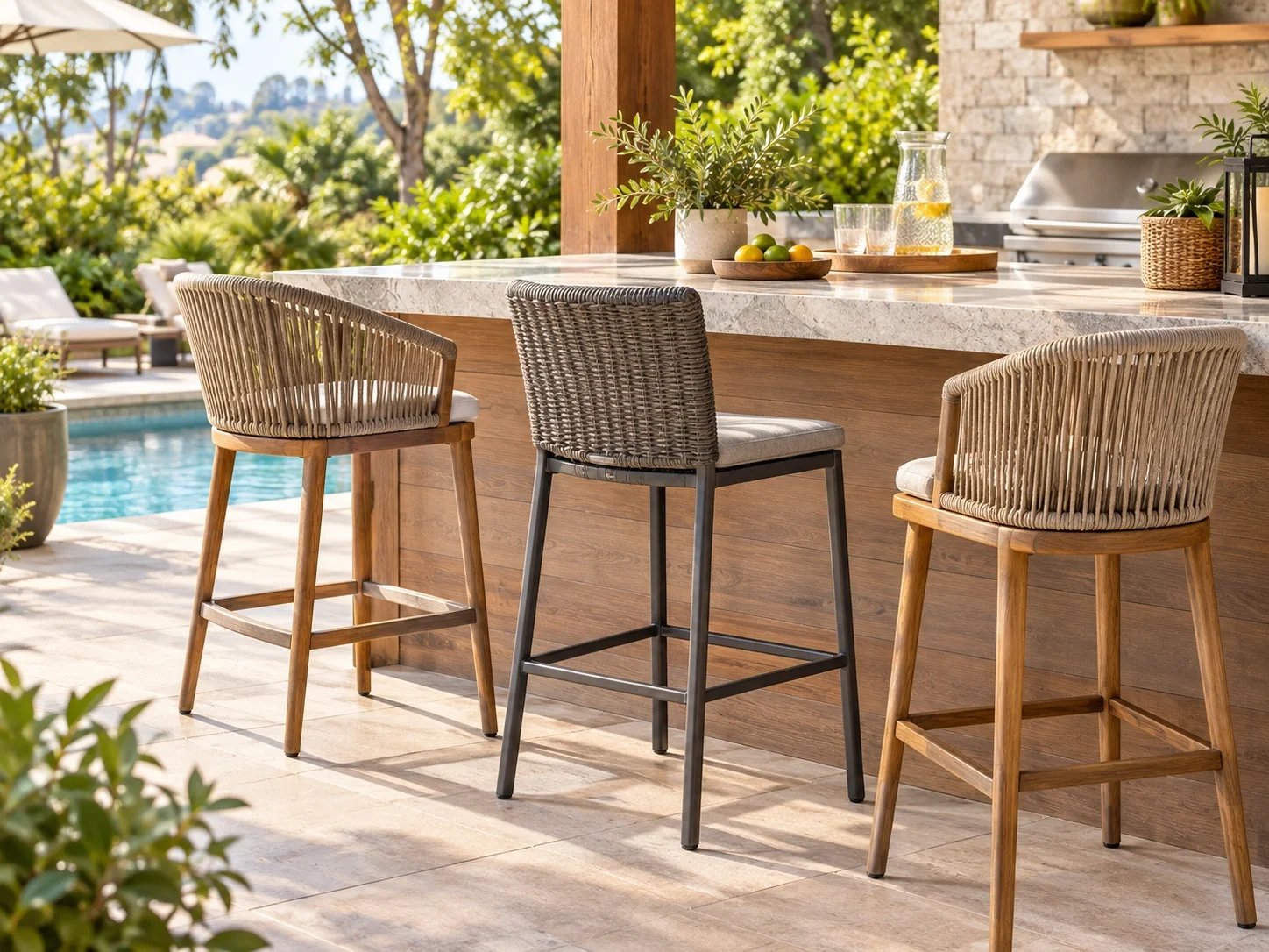 Weather-resistant outdoor bar stools on a patio bar