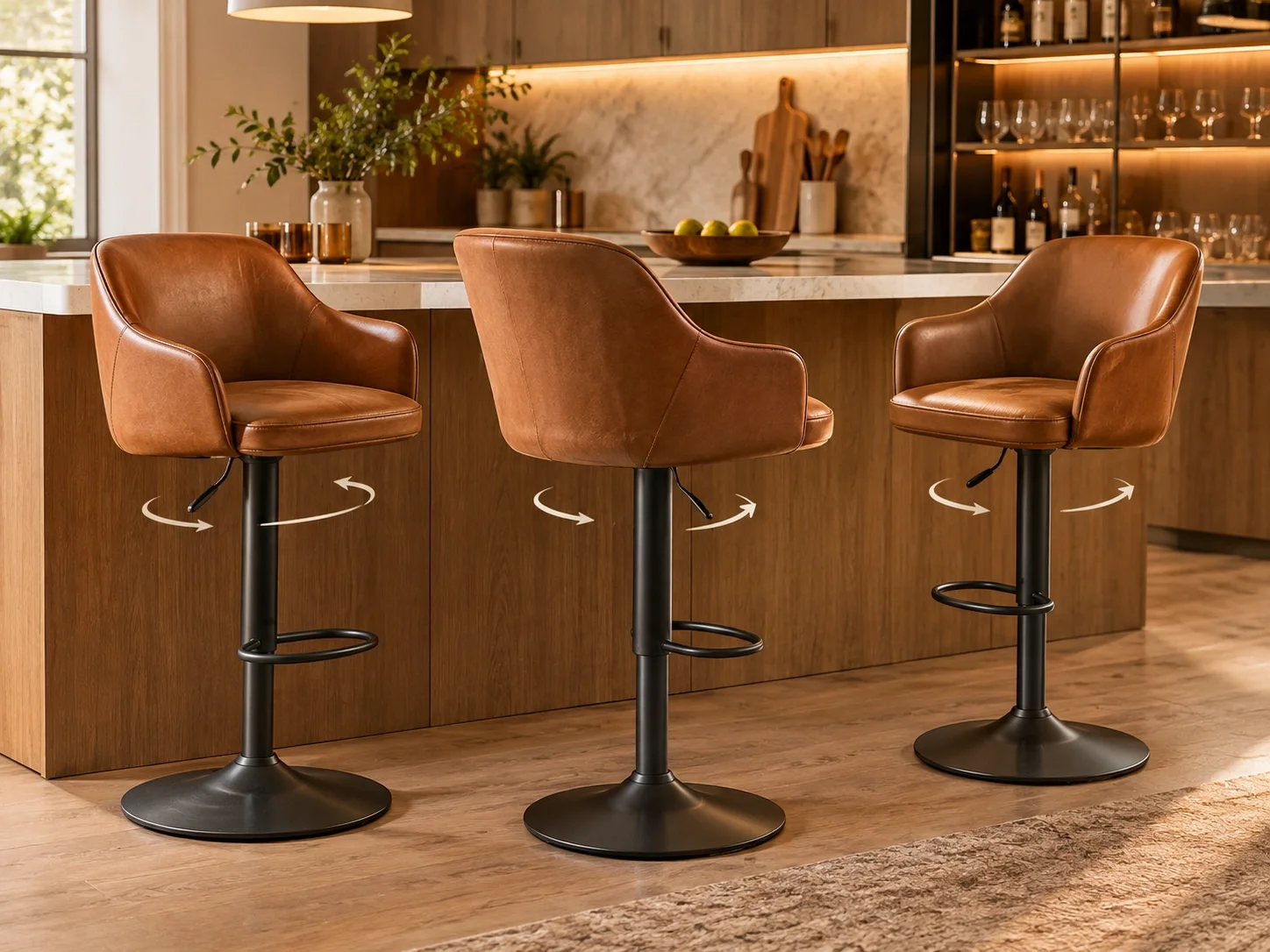 Rotating swivel bar stools with leather seats in a contemporary kitchen